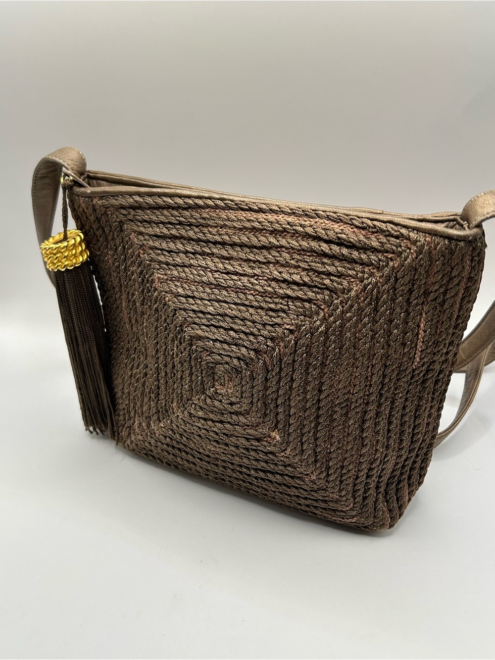 Sharif Brown Woven Shoulder Bag with Gold Tassel Accent